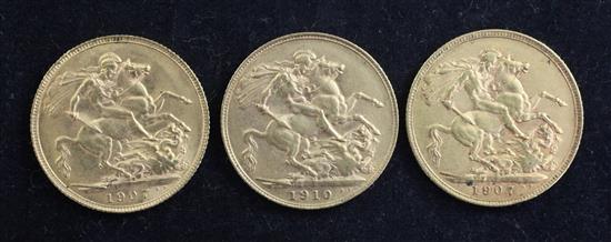 Three Edward VII gold sovereigns,